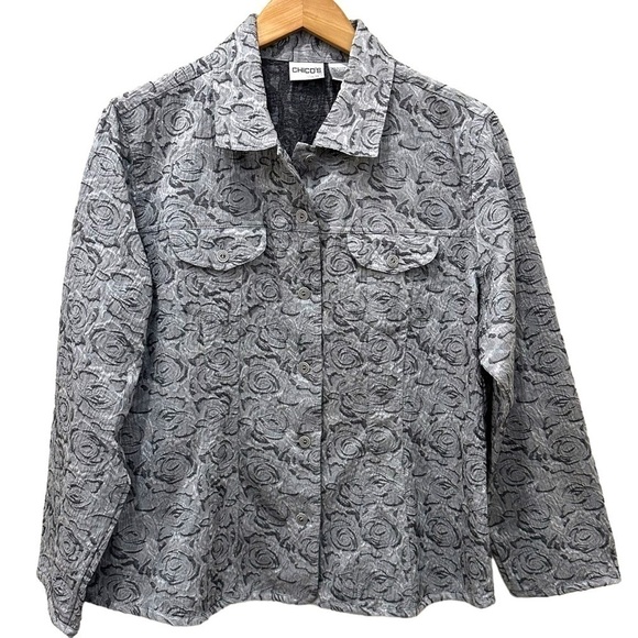 Chico's Women's Size Large Jacket Silver Floral Button Front Lightweight Shacket - Picture 1 of 6
